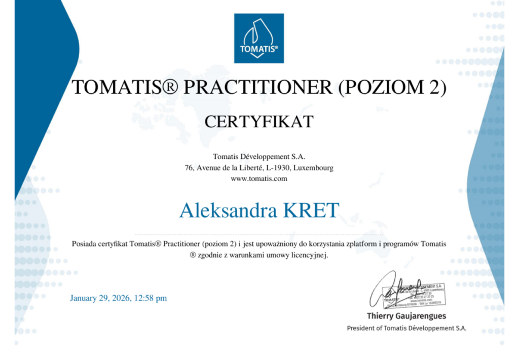 certyfikat aleksandry kret motodą tomatisa